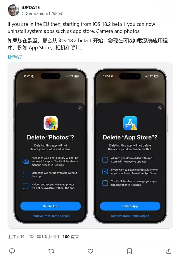 宁海苹果手机维修分享iOS 18.2 支持删除 App Store 应用商店 