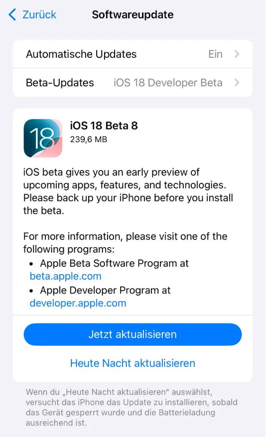 宁海苹果手机维修分享苹果 iOS / iPadOS 18 开发者预览版 Beta 8 发布 